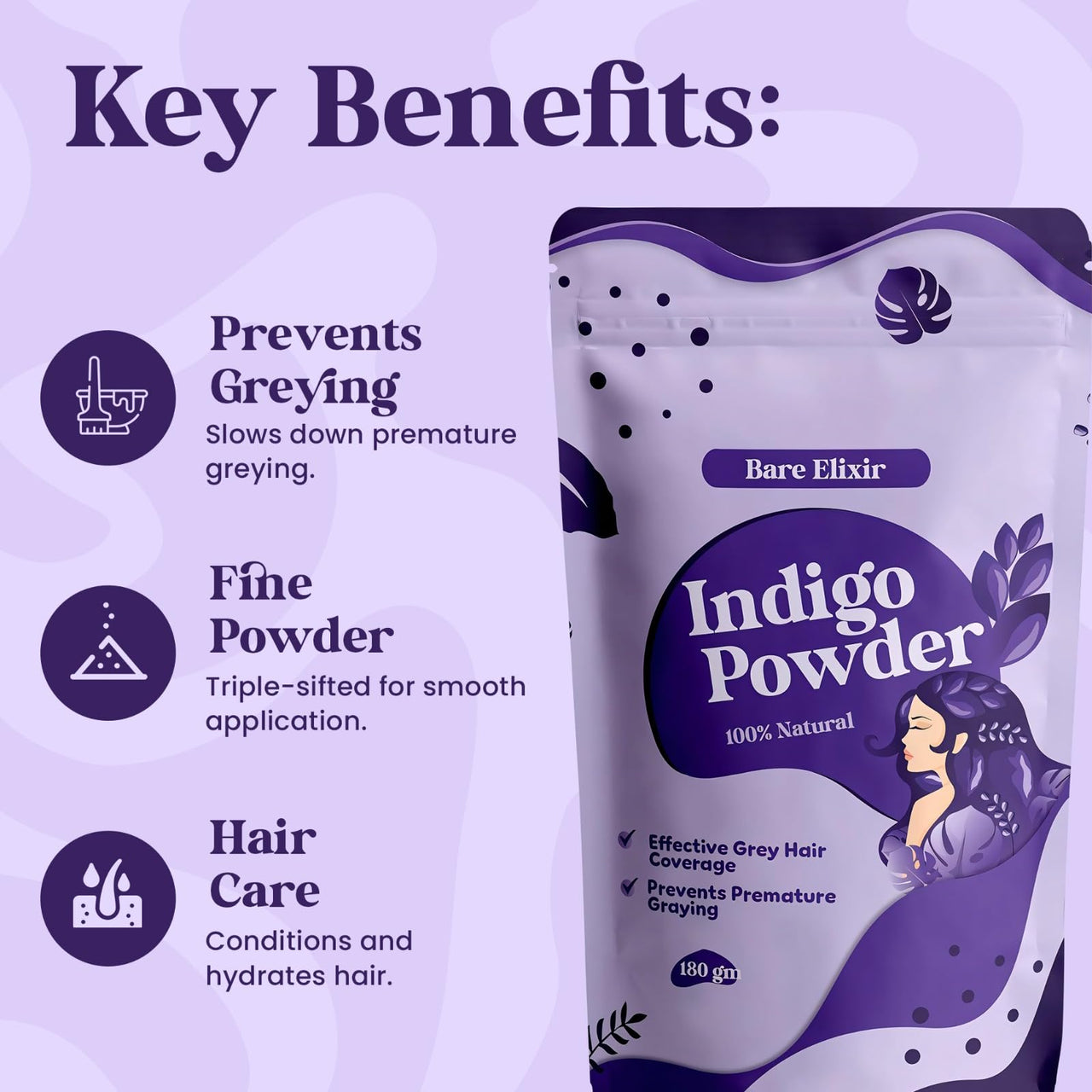 Bare Elixir 100% Natural Organic Indigo Powder for Hair - 180g | Effective Grey Hair Coverage, Promotes Hair Growth & Strength | Chemical-Free Hair Dye | Ideal for Deep Conditioning & Reducing Hair Fall