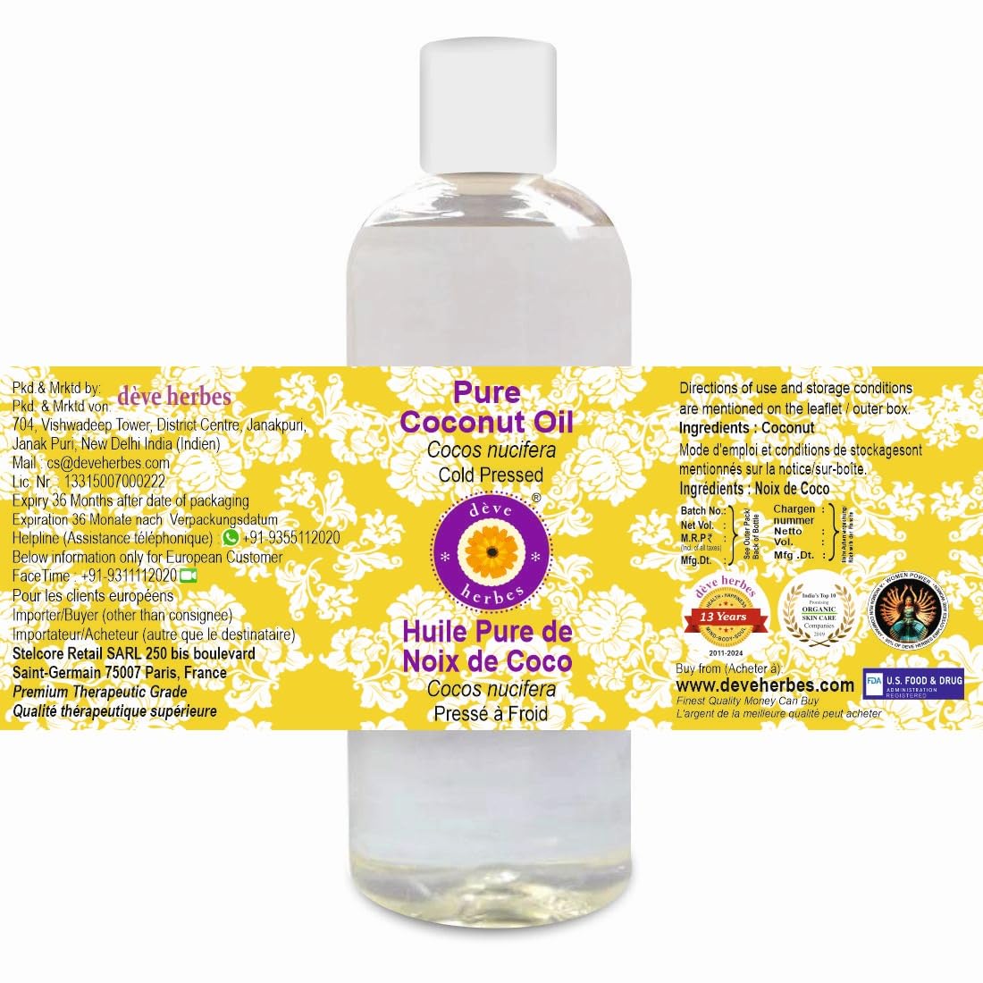 Deve Herbes Pure Coconut Oil (Cocos nucifera) | Cold Pressed | Natural | Undiluted | For Diluting Essential Oils | For Hair, Skin & Massage | Men & Women | 200ml