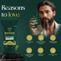 BOHEM Anti Acne Activated Charcoal Face Wash for Oily & Acne Prone Skin | 100ml x 2 | Tea Tree Extract & Vitamin E for Oil Free Pollution Defense, De Tan & Detox | Facewash for Men | All Skin Types