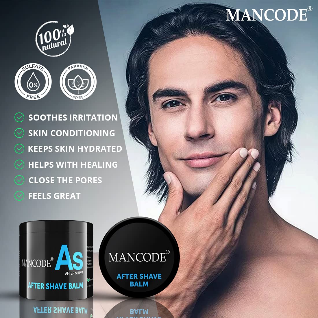 Mancode After Shave Balm (100gm) | Post Shave Treatment | Soothes Skin Irritation | Hydrating Closes Pores | Lemon Oil Aloe vera Turmeric Chamomile Oil No Alcohol (Pack of 1)