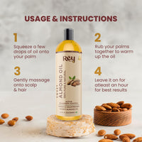 Rey Naturals Cold Pressed Sweet Almond Oil For Skin & Hair Growth - 200ml | Pure Almond Oil For Skin Face Massage | Rich In Vitamin-E | Badam Oil For Soft, Shiny & Dandruff Free Hair