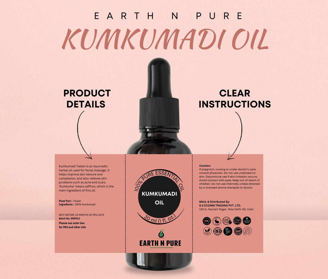 Earth N Pure Kumkumadi Tailam Face Oil Enriched with Saffron and 24 Powerful Herbs, Natural & Therapeutic Grade 100 ml