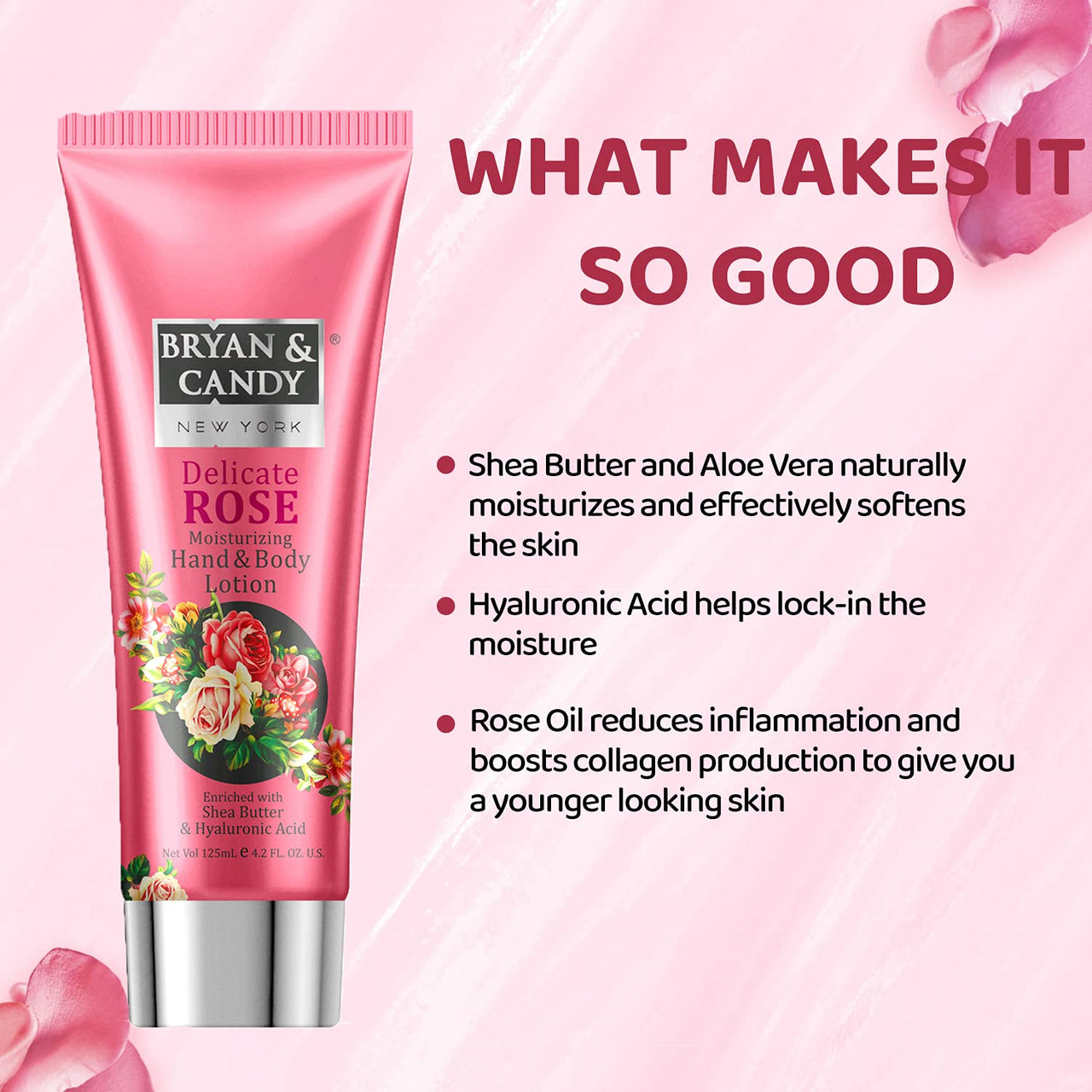 Bryan & Candy Delicate Rose Moisturizing Hand and Body Lotion Enriched with Shea Butter & Hyaluronic Acid for Smooth, Moisturized Skin (125ml)