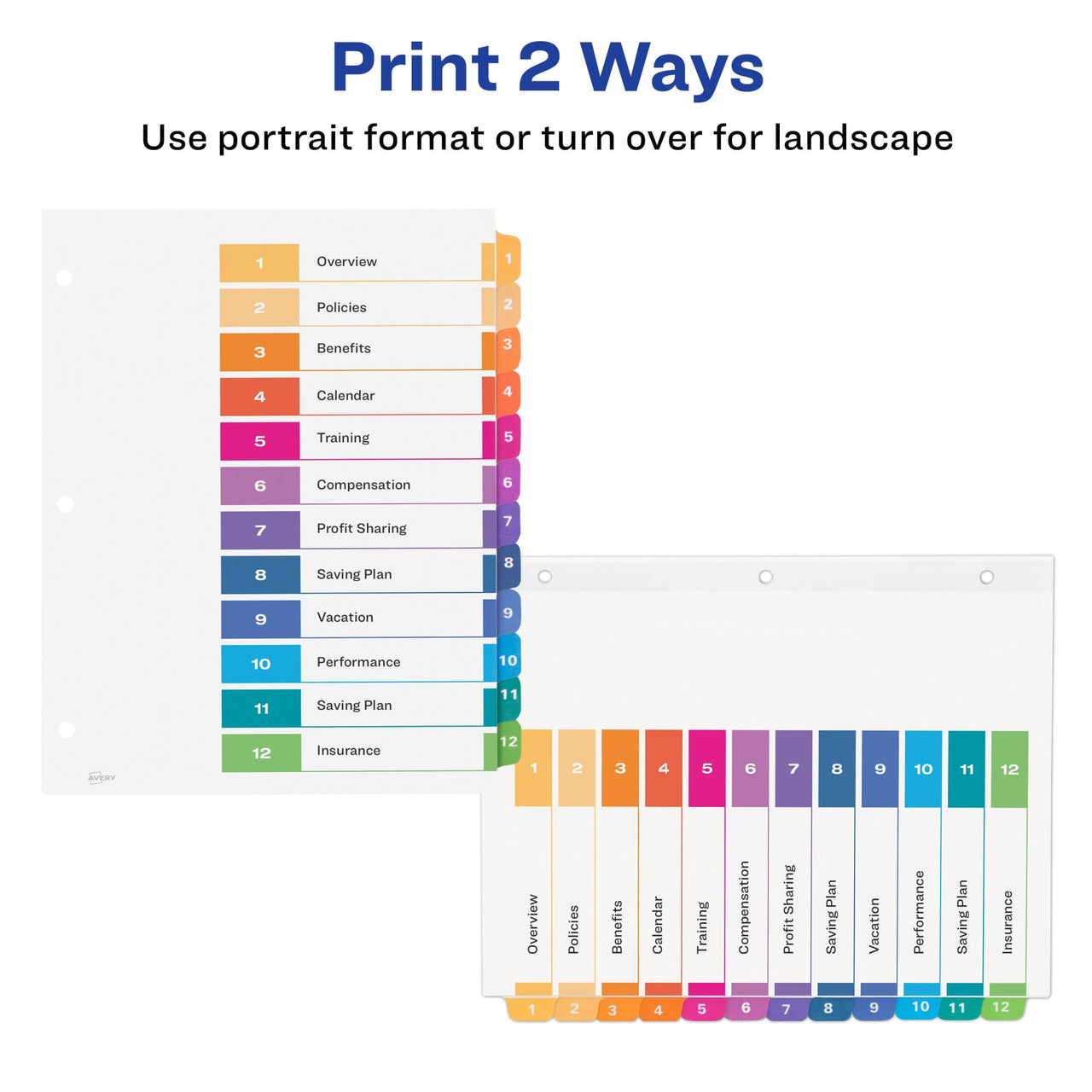 Avery 12 Tab Dividers for 3 Ring Binders, Customizable Table of Contents, Multicolor Tabs, 1 Set (11141) 12 tabs