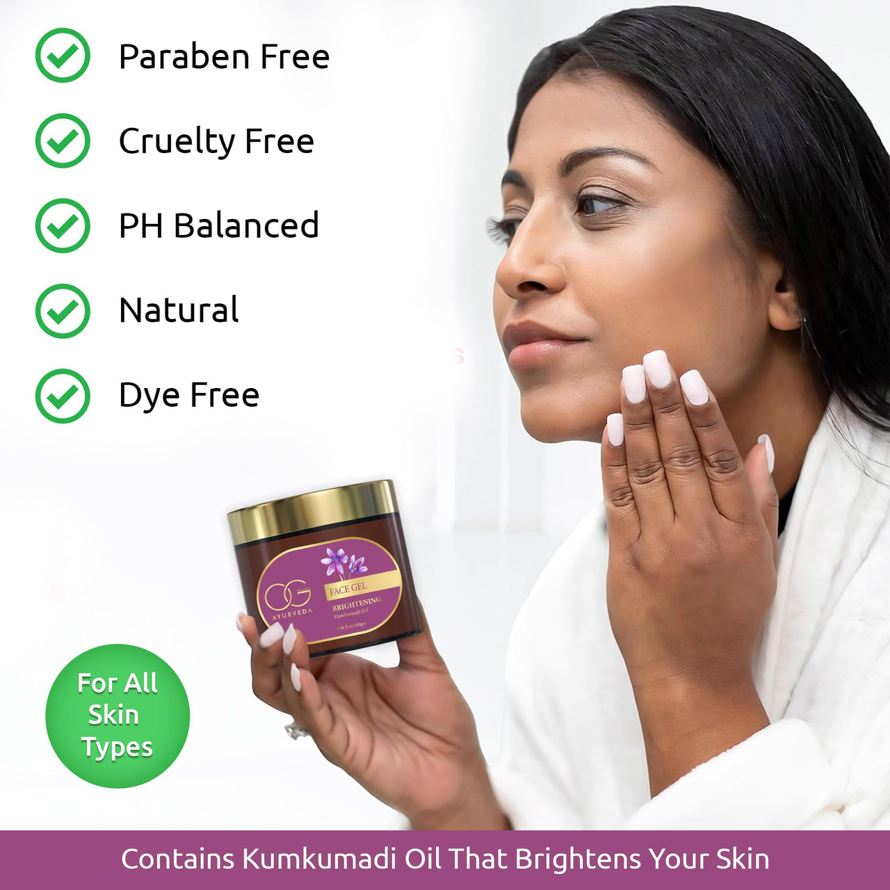 OG BEAUTY Ayurveda Brightening Face Gel | Enriched with Kumkumadi Oil | Brightens & Moisturizes Skin | Reduces Wrinkles, Fine Lines & Age Spots | Suitable for All Skin Types | 100GM