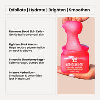 WildOak Moroccan Rose Sugar Body Scrub | 300g | Kojic Acid, Hyaluronic Acid, Ceramides, Collagen & Peptides | De-Tan & Brightens Dark Areas | Smooths Strawberry Legs & Arms | Hydrates & Exfoliates