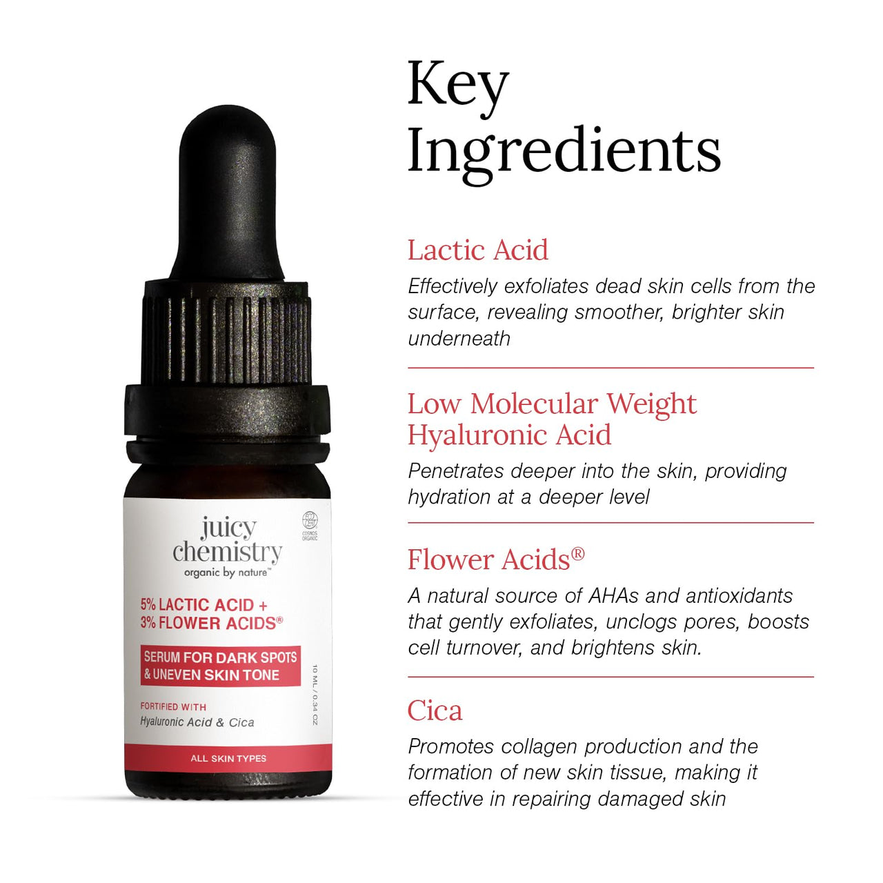Juicy Chemistry Lactic Acid and Flower Acids Serum, 10 ml, Gentle Exfoliating Serum for Glowing Skin