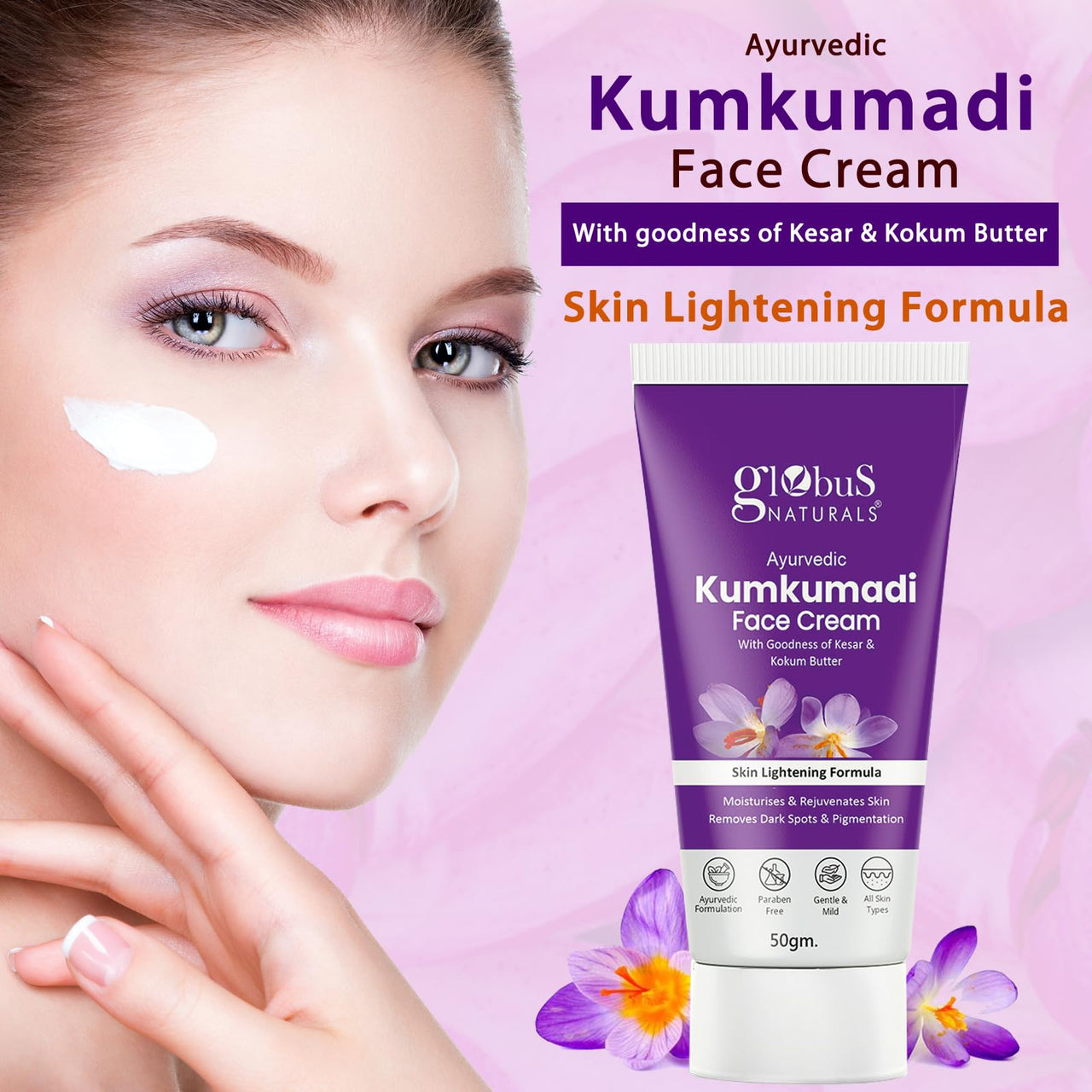 Globus Naturals Ayurvedic Kumkumadi Skin Lightening Face Cream, Chemical Free, Paraben Free, Suitable For All Skin Types, 50gm