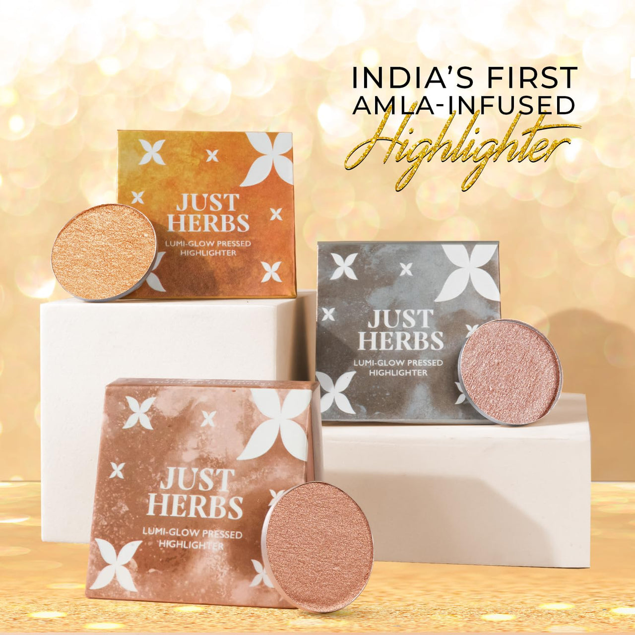 Just Herbs Lumi Glow Pressed Highlighter for Face Makeup Shea Butter + Vitamin C, 3.5 g (The Sun)