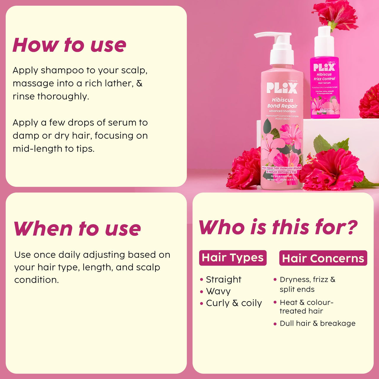 PLIX - THE PLANT FIX Hibiscus Frizz Control Hair Serum 50ml + Bond Repair Advanced Shampoo 200ml | Protects & Smoothes Frizzy Hair | 3x Strength with Fiberhance