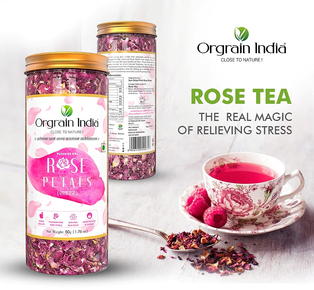 Orgrain India Pushkar Raj Pink Rose Petals 50g | Organically Grown Company-Owned Farmlands | Sun Dried Gulab Patti | Rose Tea