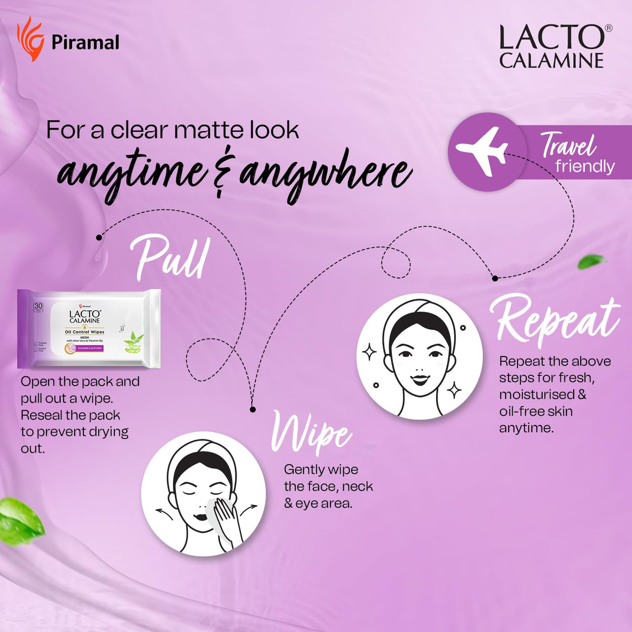 Lacto Calamine Oil Control Face Wipes | 30 N each- Pack of 2 | Wet Wipes for Face With Neem, Aloe Vera & Niacinamide | Makeup Remover Wipes | Hydrating, Refreshing, Soothing | Pararben & Alcohol Free