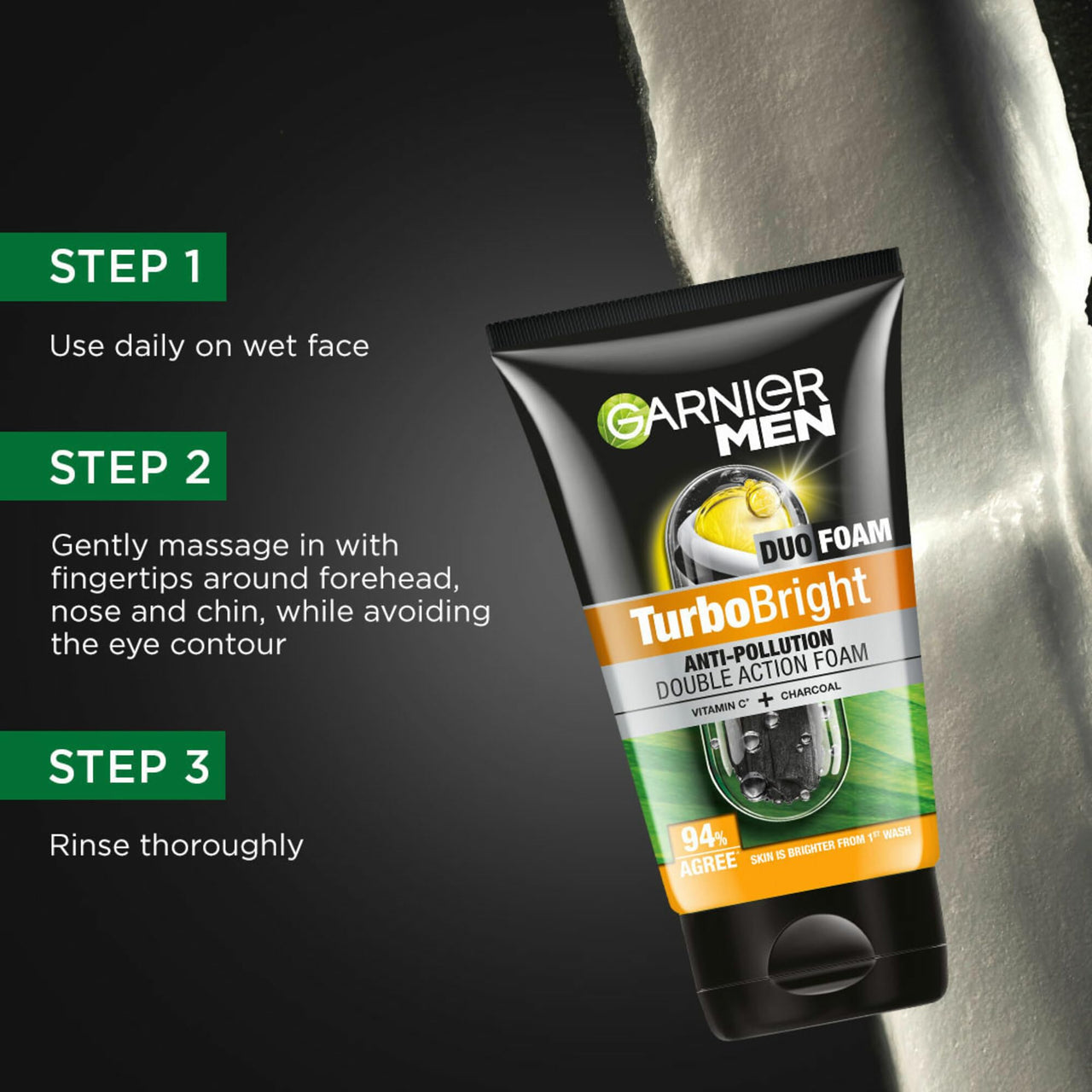 Garnier Men, Face Wash, Brightening & Anti-Pollution, TurboBright Double Action, 100 g (Pack of 2)