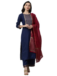 INDO ERA Women's  Pure Cotton Yoke Design Straight Kurta Palazzo with Dupatta Set(Navy Bue_IE26KD4NB1771_XS to 2XL-Size)