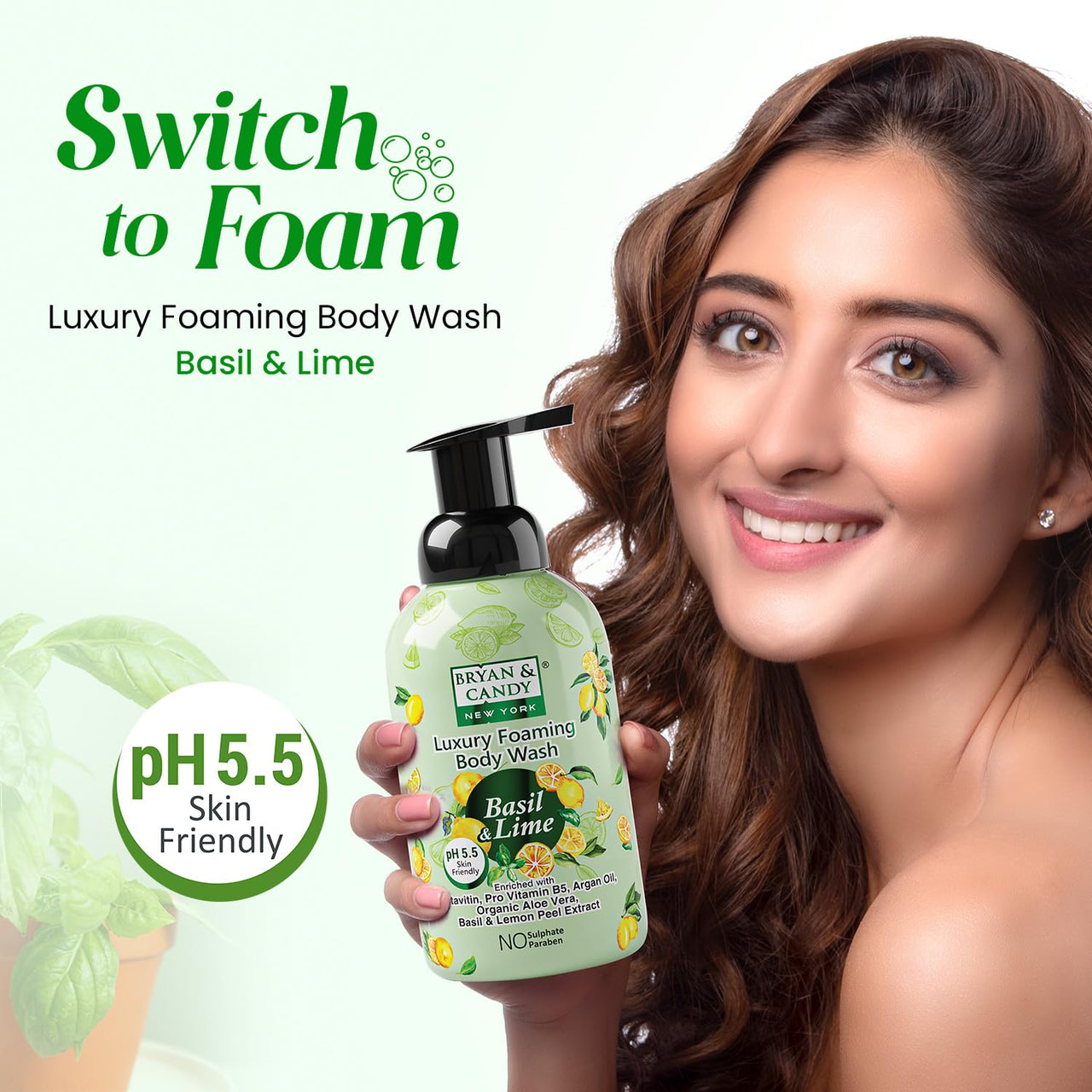 Bryan & Candy Luxury Foaming Body Wash with Pentavitin,Pro Vit B5,Argan Oil,Aloe Vera, Skin Friendly pH 5.5, All Skin Types, 400 Ml (Basil & Lime)