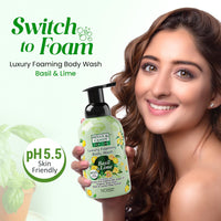 Bryan & Candy Luxury Foaming Body Wash with Pentavitin,Pro Vit B5,Argan Oil,Aloe Vera, Skin Friendly pH 5.5, All Skin Types, 400 Ml (Basil & Lime)