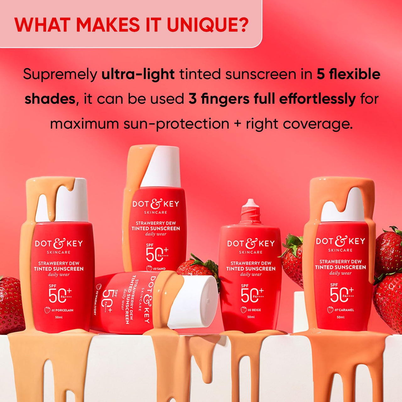 Dot & Key Strawberry Dew Tinted Sunscreen SPF 50+ Pa++++ - 01 Porcelain | Protection Against UA/UB | Broad Spectrum, Water & Sweat resistant | For All Skin Types | 50ml