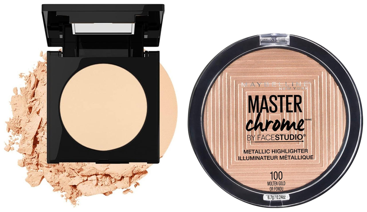 Maybelline New York Fit Me Matte Poreless Powder, 220 Natural Beige, 8.5g and Maybelline New York Face Studio Master Chrome Metallic Highlighter, Molten Gold, 6.7g
