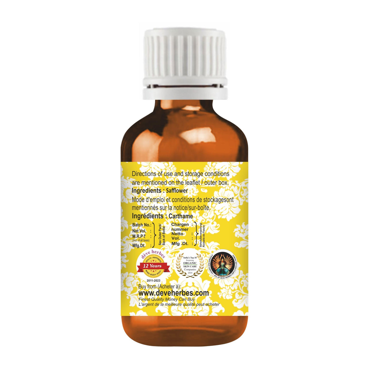 Deve Herbes Pure Safflower Oil (Carthamus tinctorius) Natural Therapeutic Grade Cold Pressed 100ml