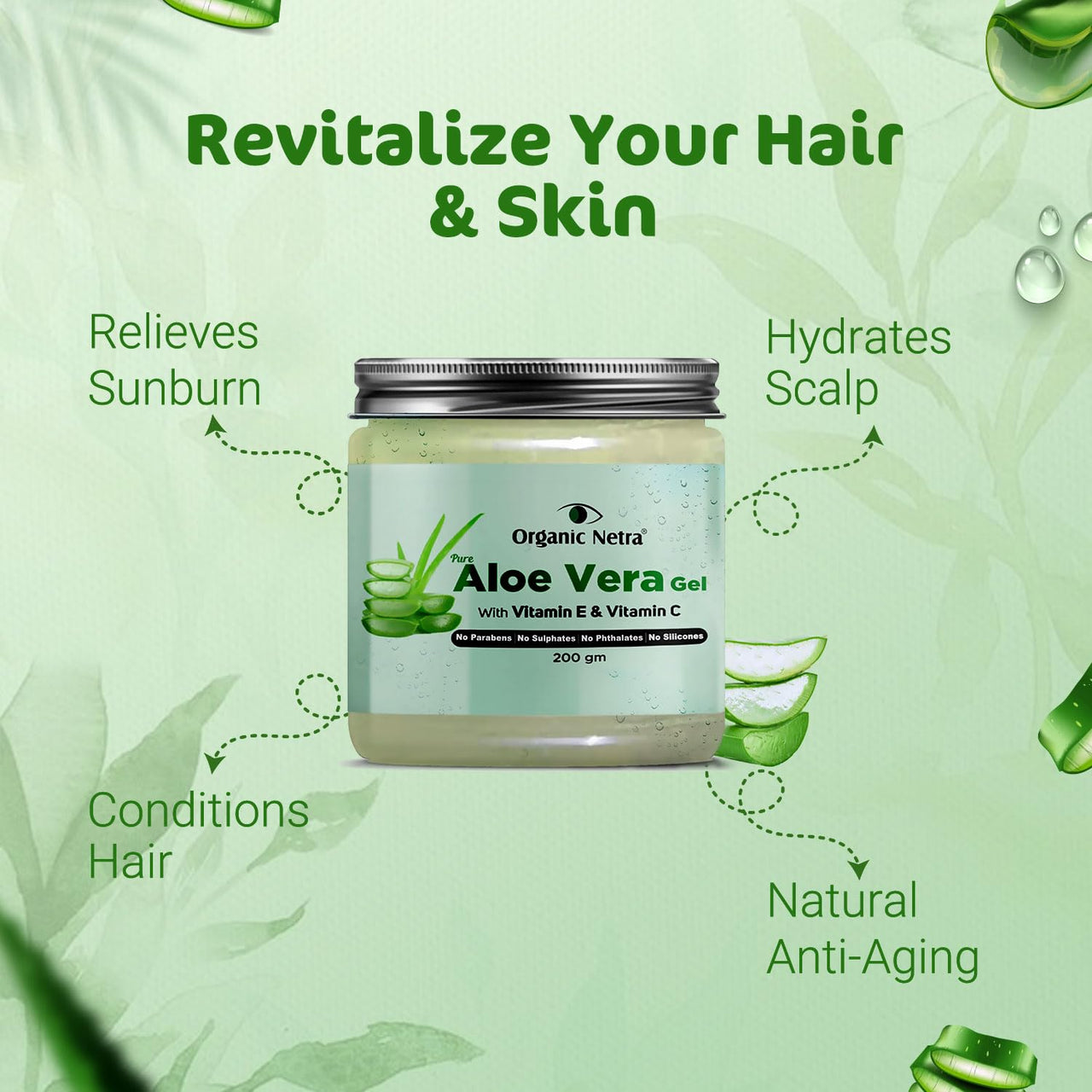 Organic Netra Pure Aloe Vera Gel with Vitamin C & E for Skin, Face and Hair | Helps to Repair and Smoothens Hair | Relax and Renew your Skin and Scalp |Paraben Free & Sulphate Free - 200 Gm