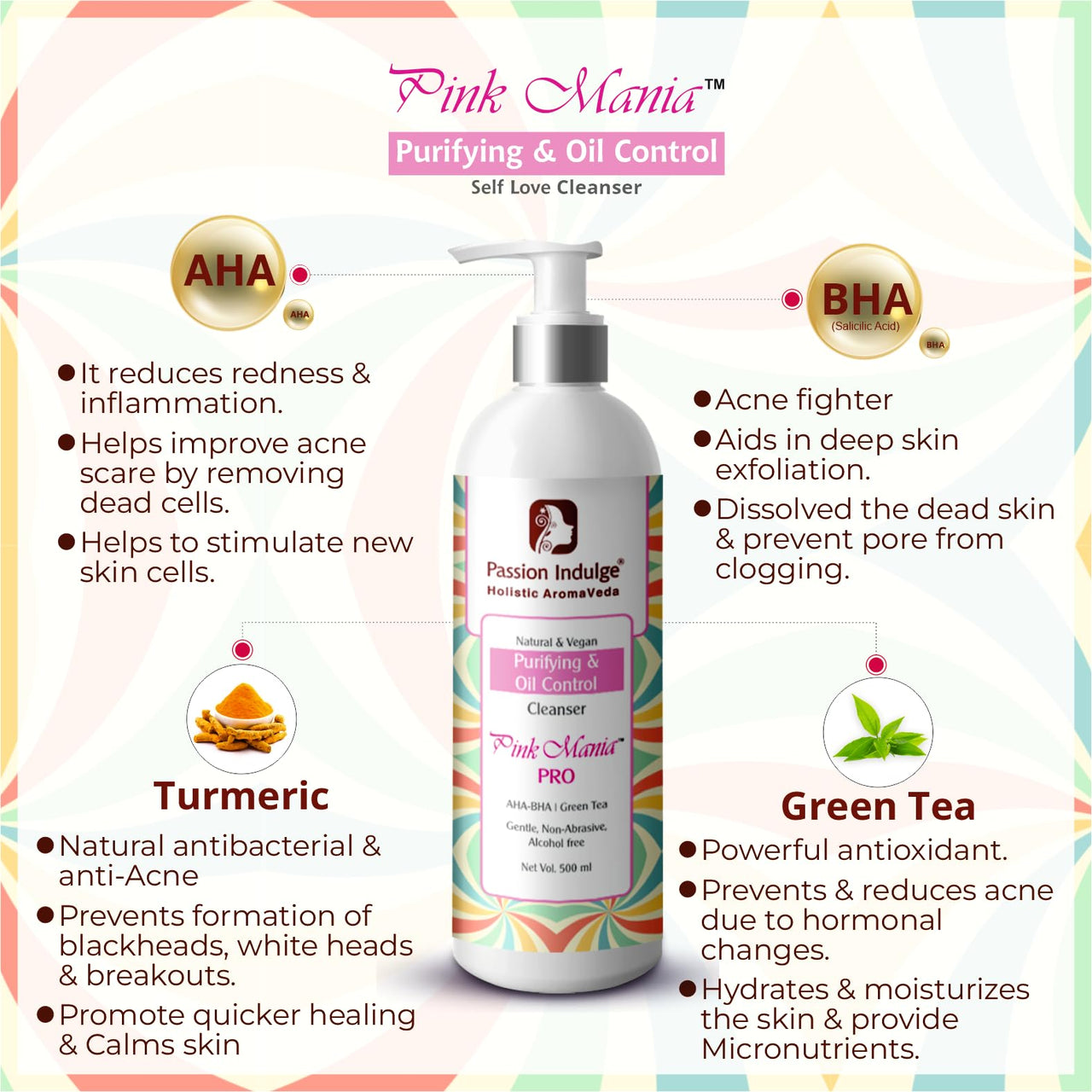 Passion Indulge Professional Anti-acne Face Cleanser Pinkmania PRO- 500 ml, Skin Purifying, Oil Control with AHA BHA
