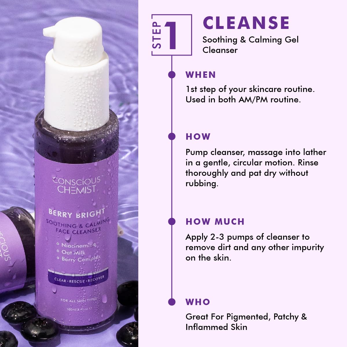 Conscious Chemist® Berry Bright Pore Refining Brightening Face Wash & Pigmentation Corrector Lightweight Gel Cream | Flawless Complexion Combo For Pore Management & Dark Spot Removal | Pack of 2