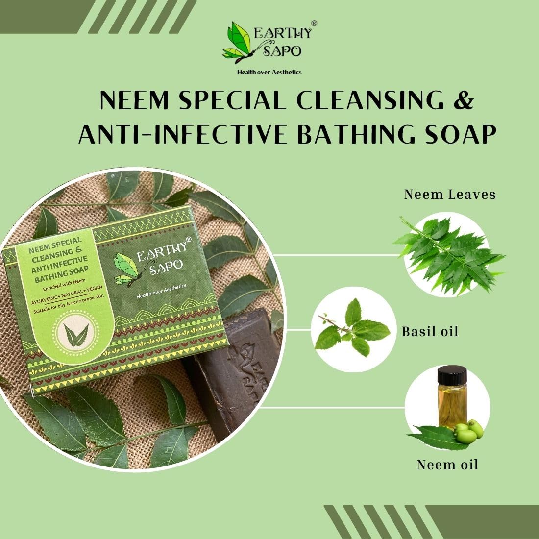 Earthy Sapo Handmade Neem Bathing Soap, 100g, Pack of 2 | Natural Cleansing Soap | Neem-Based Formula for Daily Use | Vegan, Eco-Friendly, Free from Chemicals