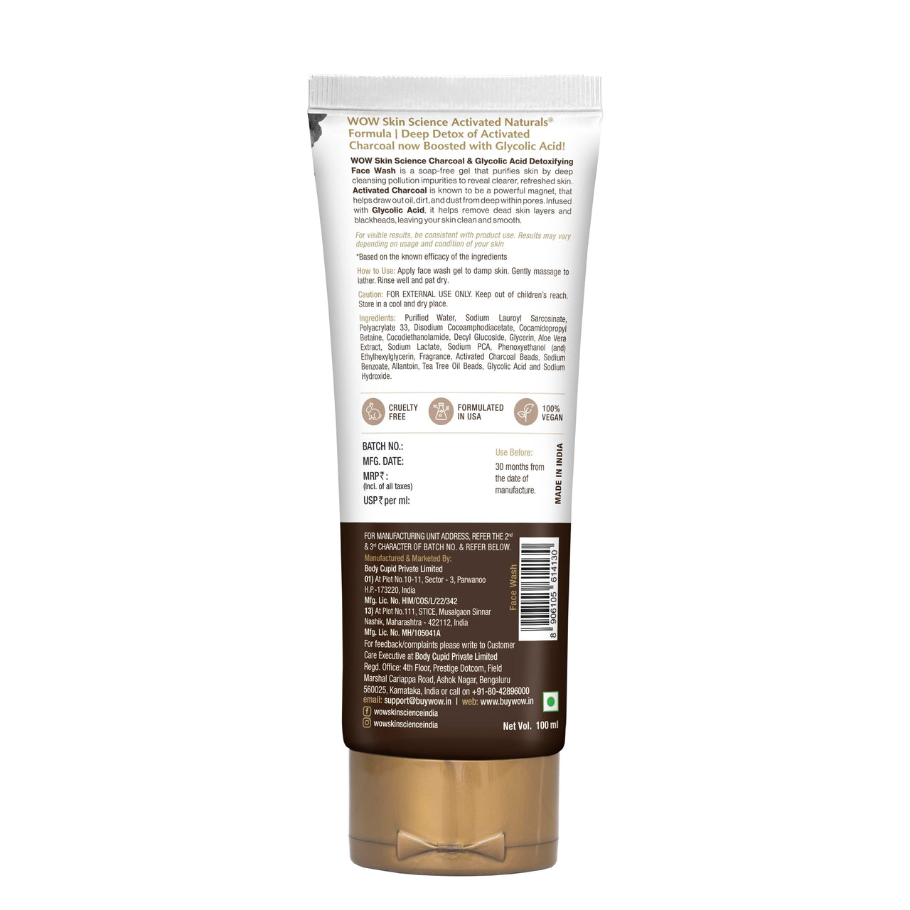 WOW Skin Science Wow Activated Charcoal Infused With Activated Charcoal Beads No Parabens & Sulphate Face Wash (100Ml)