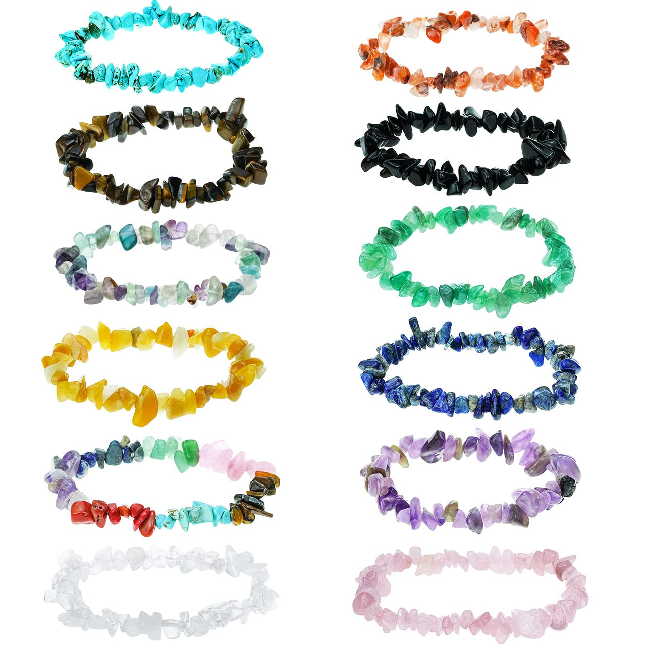Rbenxia 12 Chakra Stones Healing Crystals Natural Gemstone Chakra Crystal Bracelets Colorful Gravel Chakra Bracelets Irregular Tumble Polished Healing Reiki Stretch Chip Bracelets