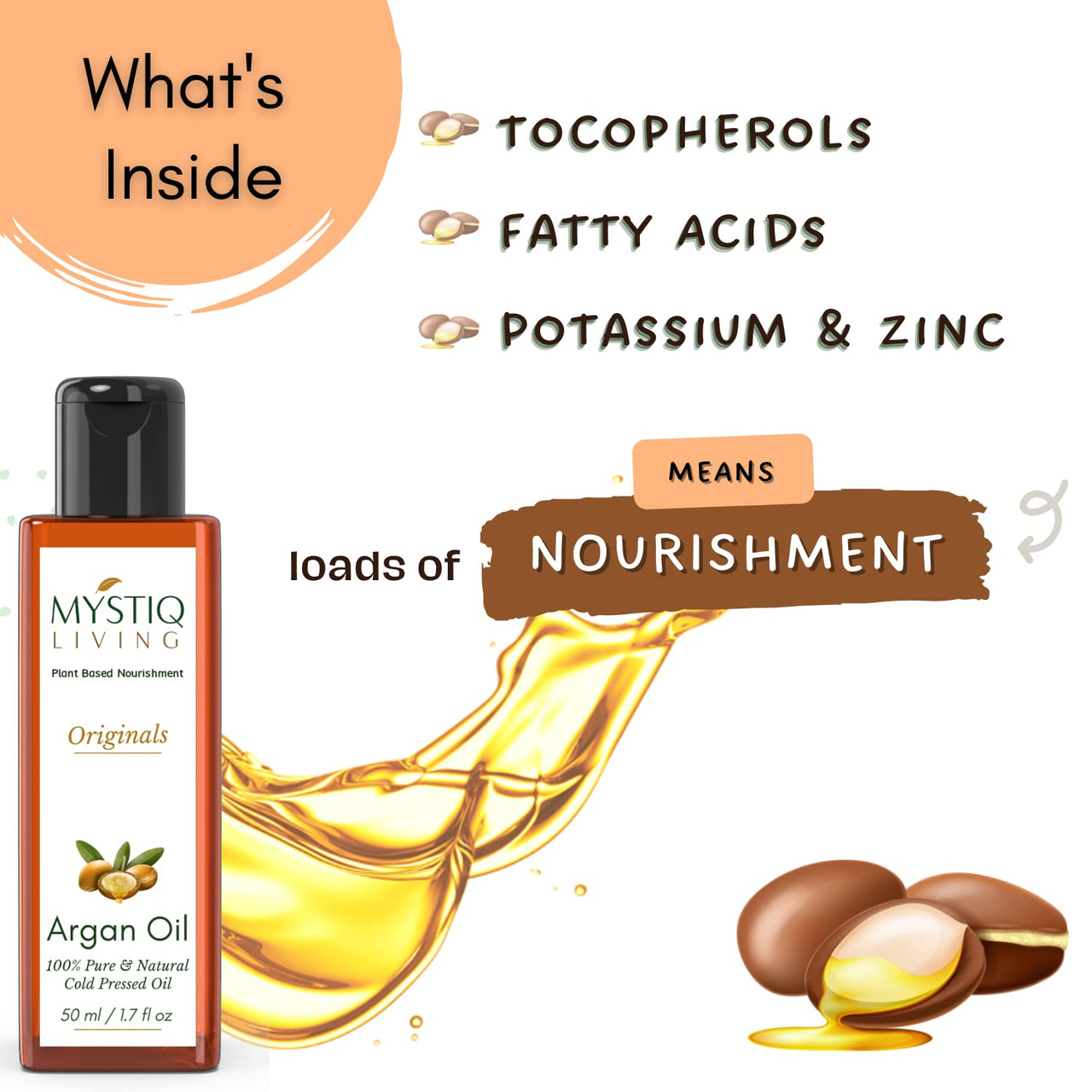 Mystiq Living Pure Moroccan Argan Oil for Hair Growth, Face, Skin, Hair Serum, Moisturizing - 50 ML | Cold Pressed, 100% Pure & Natural