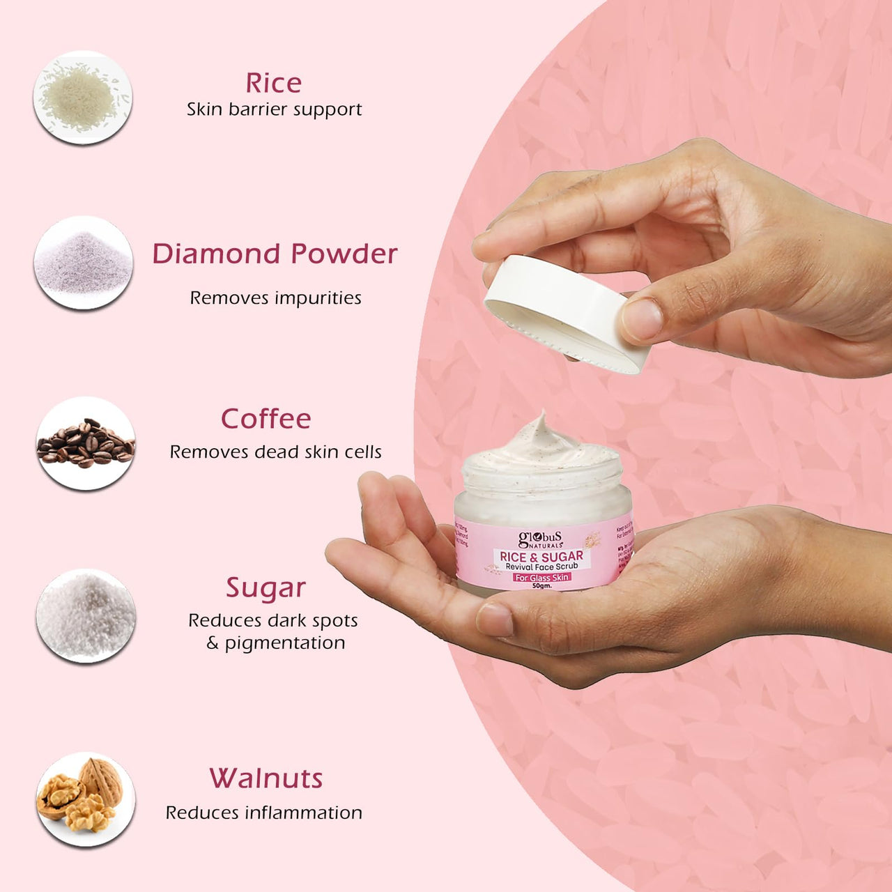 Globus Naturals Rice & Sugar Revival Face Scrub, Enriched with Coffee & Walnut, For Glass Skin, 50 gm
