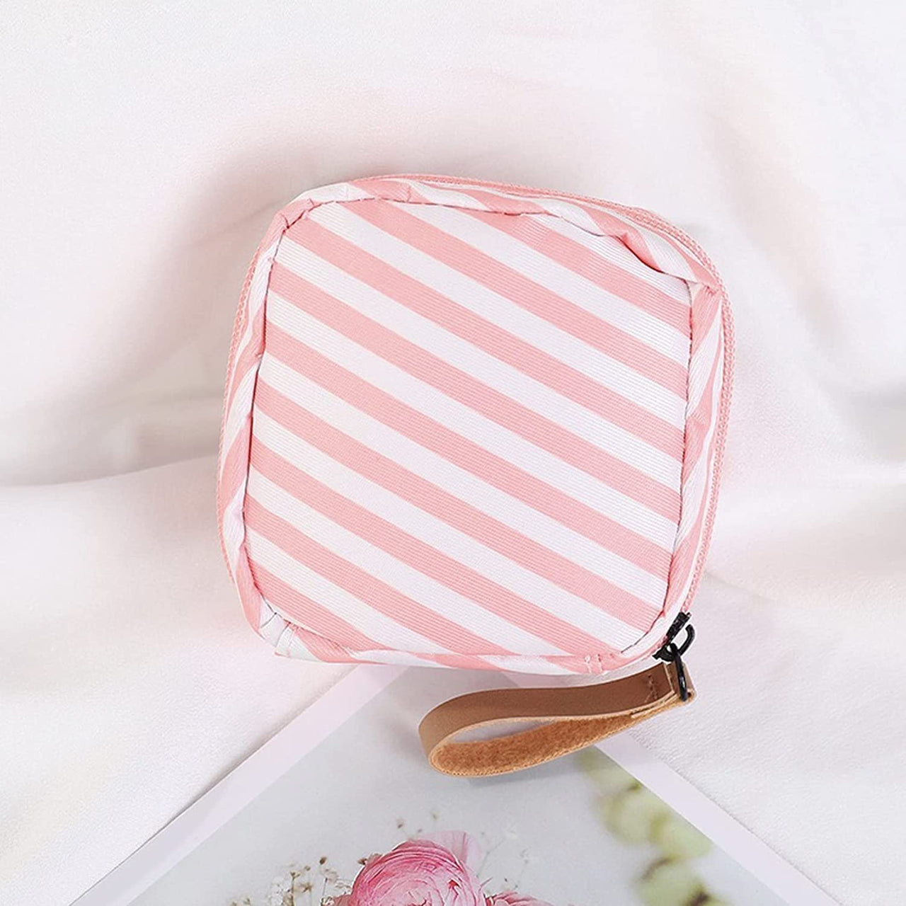 House of Quirk Polyester Makeup Bag Lazy Cosmetic Bag Travel Toiletry Bag Cosmetic Make Up Organizer Waterproof Travel Accessories For Women And Girls (Pink Stripes),W-5 Cm, Small