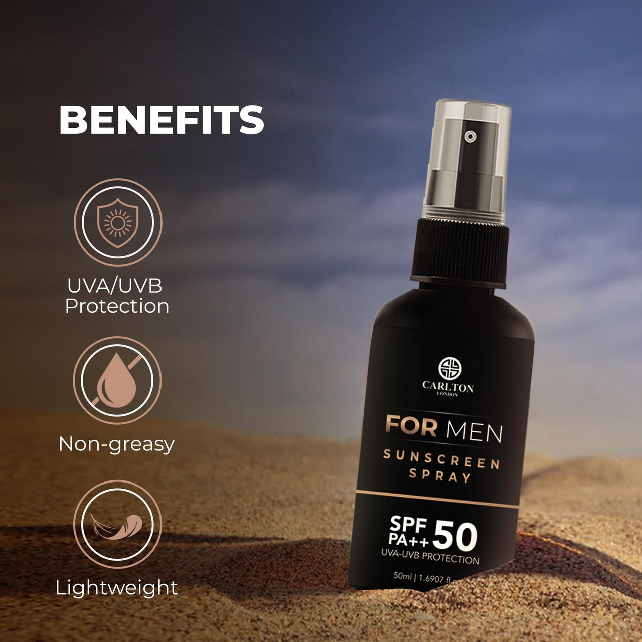 Carlton London Men SPF 30 Sunscreen Spray I Vegan No Paraben No Silicone No Mineral Oil Ii 1X50Ml Best For Men Boys And Husband For Normal Skin 1 Count