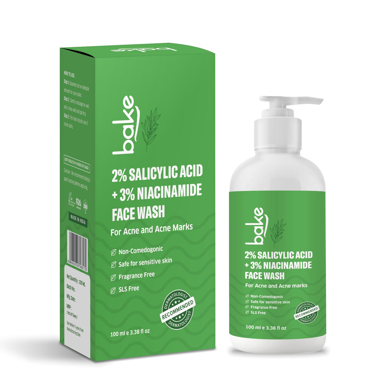 BAKE 2% Salicylic Acid & 3% Niacinamide Face Wash for Oily Acne Prone Skin | Treats Active Acne & Fades Acne Marks & Dark Spots | Daily Anti Acne Face Wash - 100ml