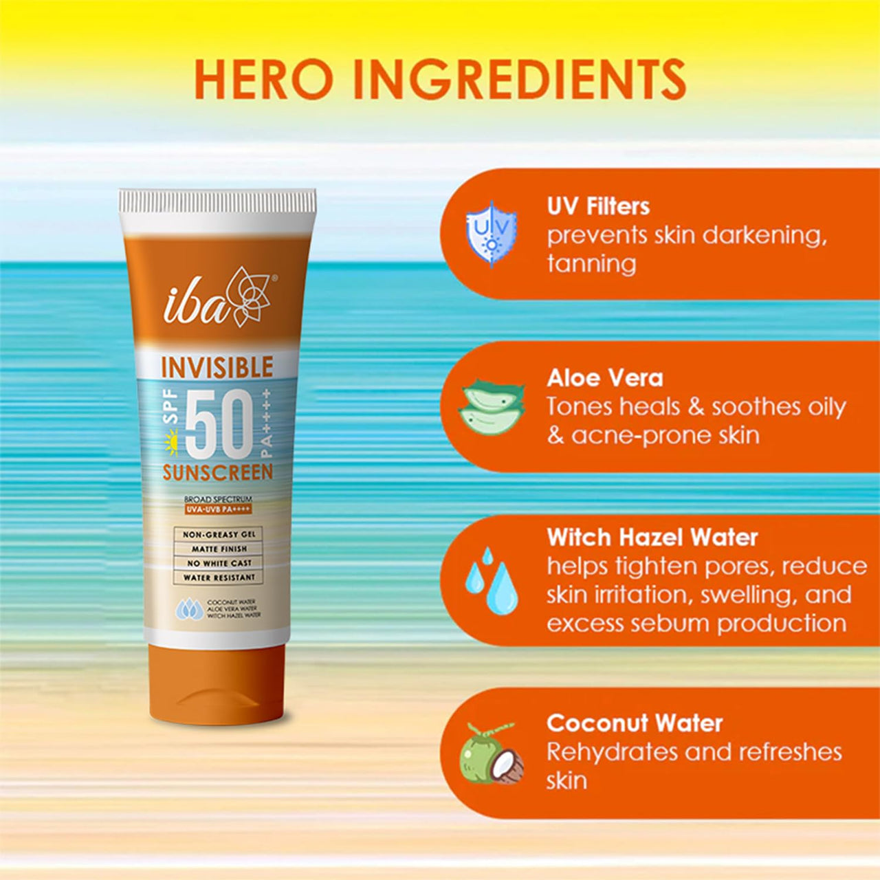 Iba Invisible Spf 50 Sunscreen Pa++++ For All Skin Types Gel Based Oil Free Matte Finish Paraben Free | Halal Certified & Vegan | White - 100gm