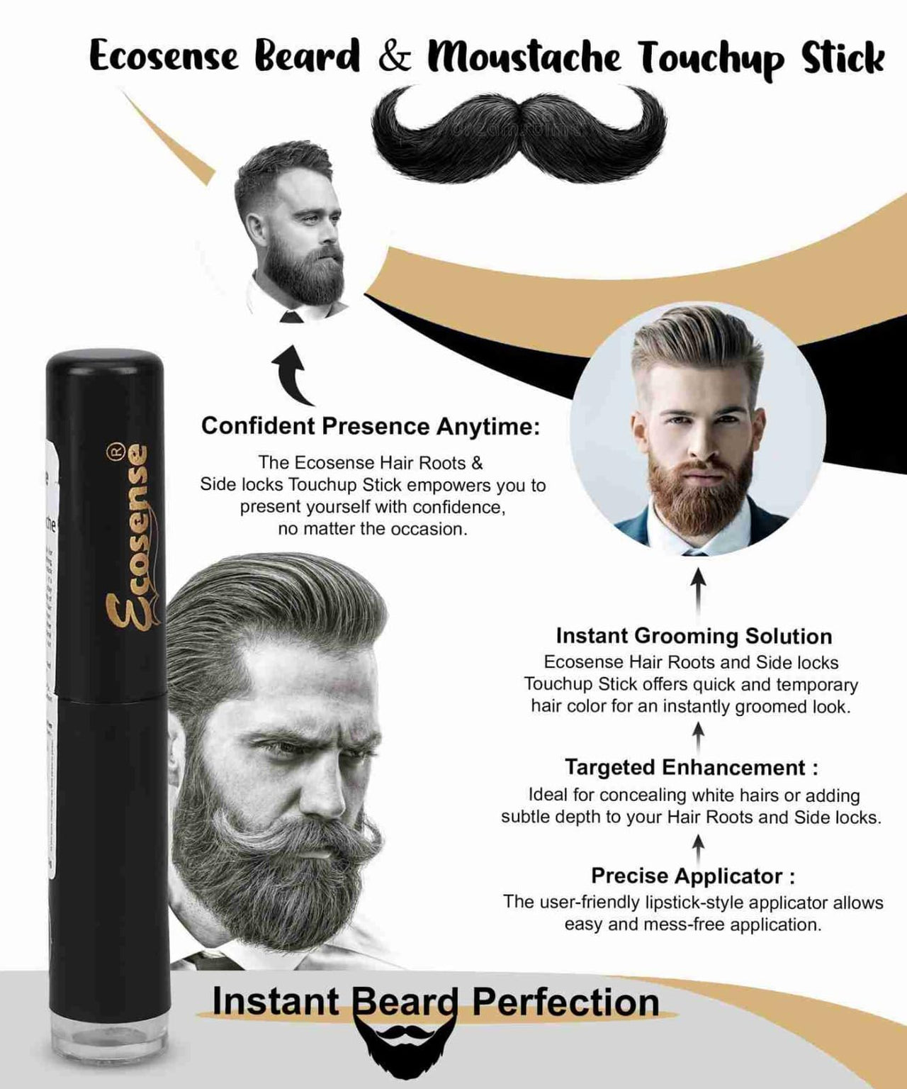ECOSENSE Beard & Moustache Touchup Stick: Instant Temporary Beard Perfection | Black Color Pencil For Men, Beard Pen, Beard Dye for Long Lasting Coverage, Mustache 3 gm