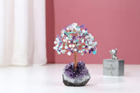 Jovivi Natural Amethyst/Amazonite/Opalite Mixed Healing Crystal Money Tree on Amethyst Cluster Geode Druzy Base Feng Shui Crystals for Home Office Desk Decorations, Wealth, Good Luck Amethyst+amazonite+opalite
