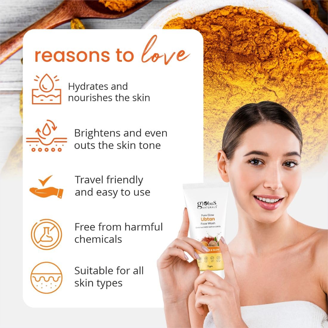 Globus Naturals Pure Glow Ubtan Face Wash, Enriched With Saffron & Milk, For Radiance & GLow, Natural, Gentle & Mild, Suitable For All Skin Types, 75 gm (Pack of 2)
