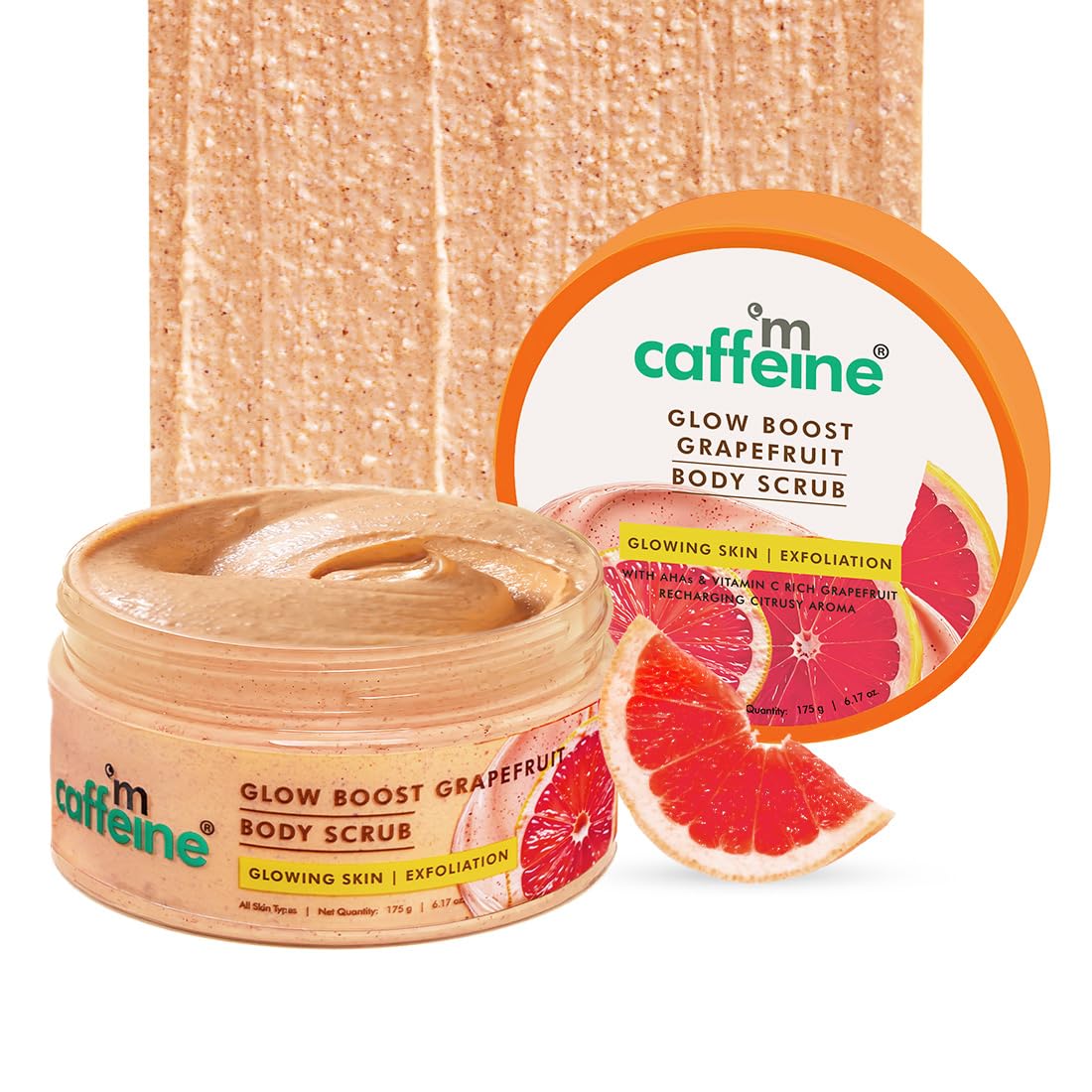 mCaffeine Glow Boost Grapefruit Body Scrub | Tan Removal | AHA- Lactic & Glycolic Acid, Niacinamide | Vitamin C Rich Grapefruit for Glowing, Soft & Smooth Skin | Remove Dry, Dead Skin | Fruity Grapferuit Aroma - 175g