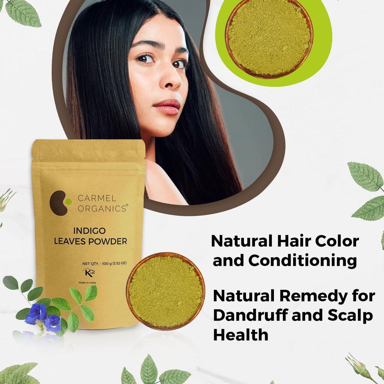 CARMEL ORGANICS Hair Color Henna & Indigo Leaves Powder Combo (100gm Each) | No Added Preservative and Additives | Non-GMO | Made By Pure And Natural Dried Leaves