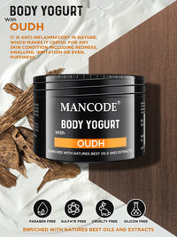 Mancode Oudh Body Yogurt Body Cream - 100gm for Men | Dry Dull Rough Skin Quick Absorbing | Instant Moisturization | Knees, Elbows, Neck, Underarms, Back, Ankles, Knuckles| Gentle Exfoliant