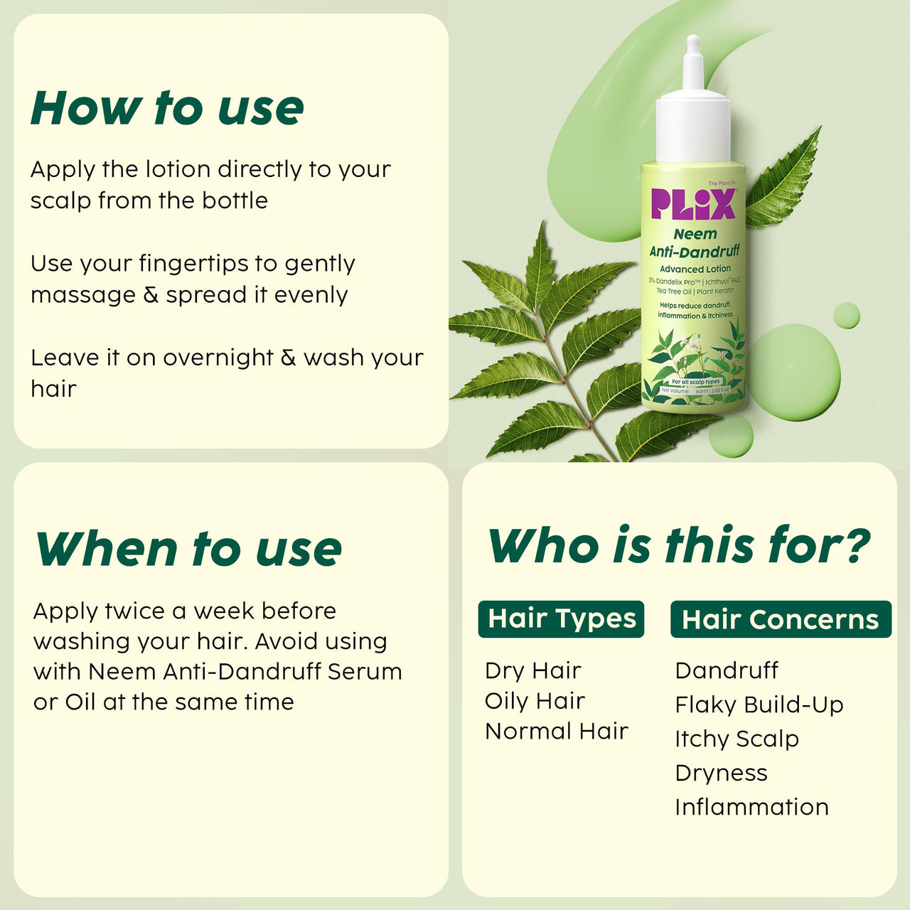 PLIX - THE PLANT FIX | Neem Anti-Dandruff Advanced Lotion | Reduce Dandruff, Itching & Irritation | With Dandelix Pro & Ichthyol PALE | Paraben & Sulphate Free | Unisex (60ml)