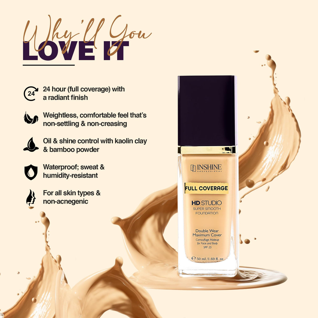 INSHINE 24-Hour Full Coverage Foundation – Lightweight, Waterproof, Oil Control, Sweat & Humidity-Resistant with Non-Cakey Matte Finish - Caramel