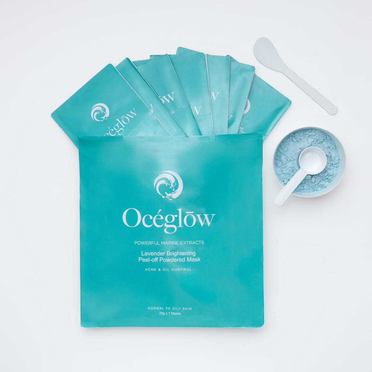 OCEGLOW-Powerful Marine Extracts Lavender Brightening Peel-Off Powdered Mask | Pack Of 7 Individual Sachets | Fights Acne, Controls Oil, Deep Cleanses, Soothes & Rejuvenates Skin | For Radiant Glow