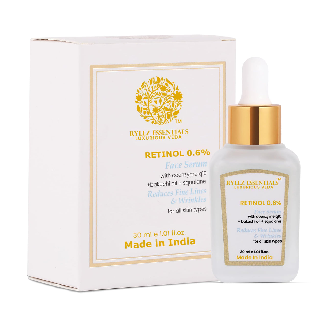 RYLLZ ESSENTIALS Retinol 0.6% Anti Aging Night Serum | with Coenzyme q10, Bakuchiol Oil, Squalane, Rosehip Extract, Azelaic Acid & Niacinamide | for Fine Lines & Wrinkles | For All Skin Types | 30ml
