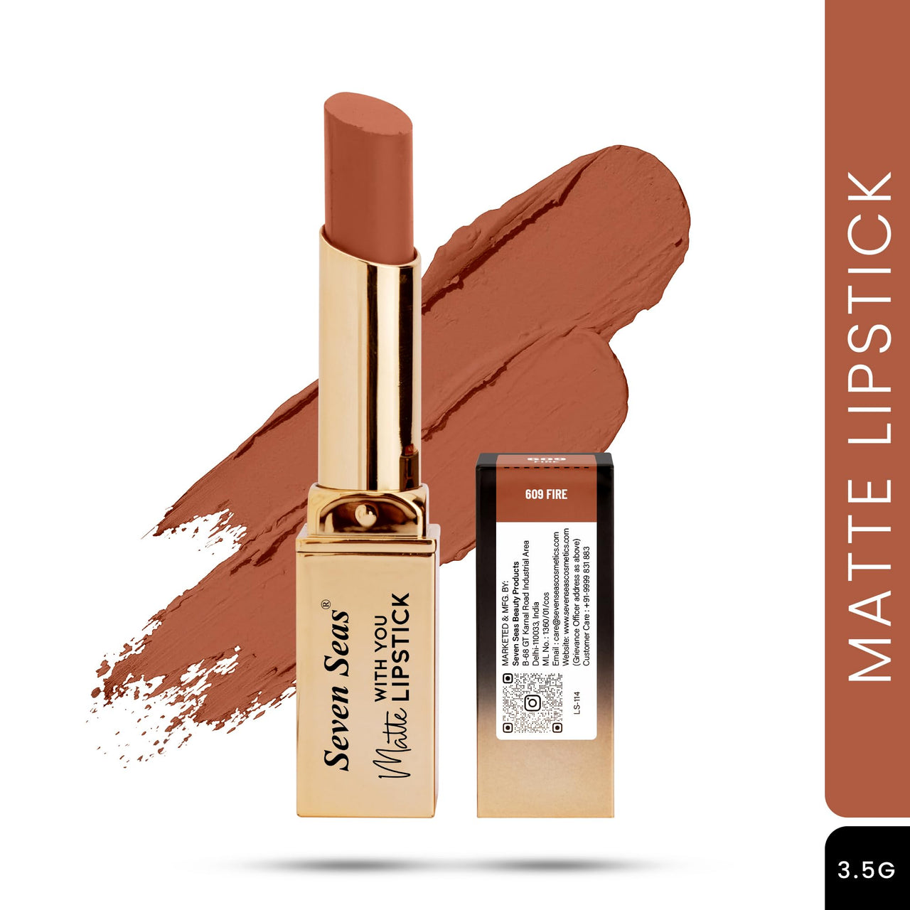 Seven Seas Matte With You Long Lasting Lipstick | Smooth Application |Transferproof & Smudge Proof | Highly Pigmented Lipstick for Women (Fire)