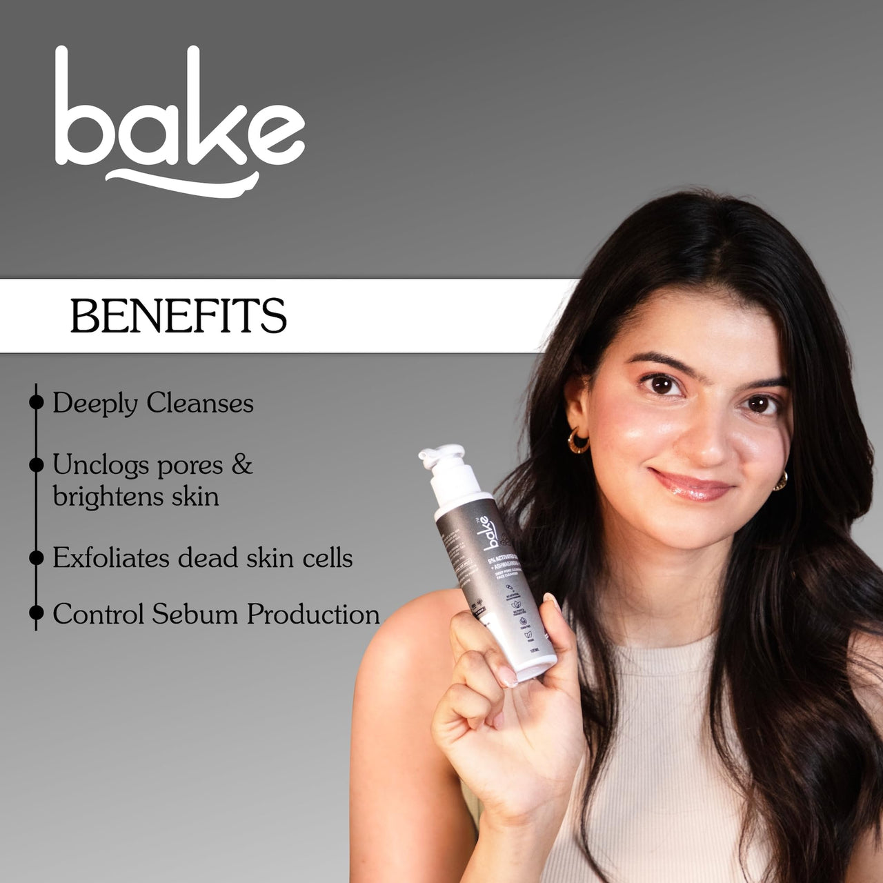 BAKE 5% Activated Charcoal Face Wash with Mint & Ashwagandha | Deep Pore Cleansing Face Cleanser | For Oily, Combination & Acne Prone Skin | 100ml
