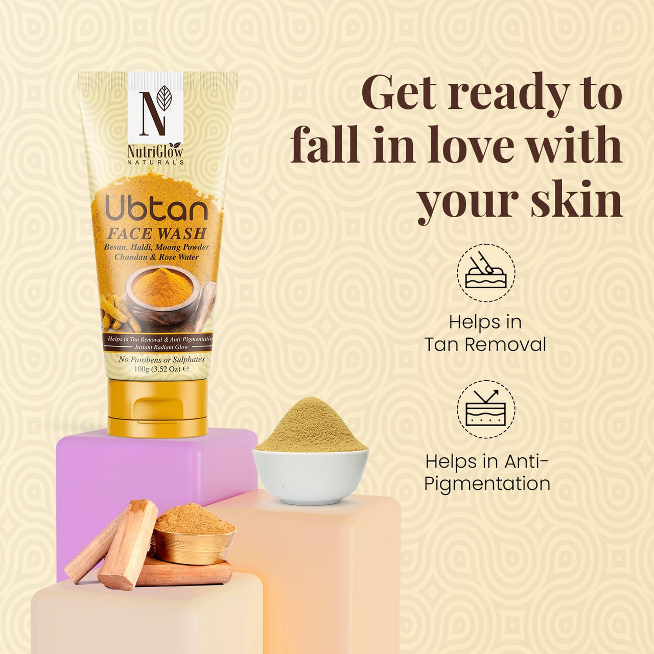 NutriGlow Natural’s Ubtan Face Wash for All Skin Types with Haldi, Chandan & Rose Water, 100g