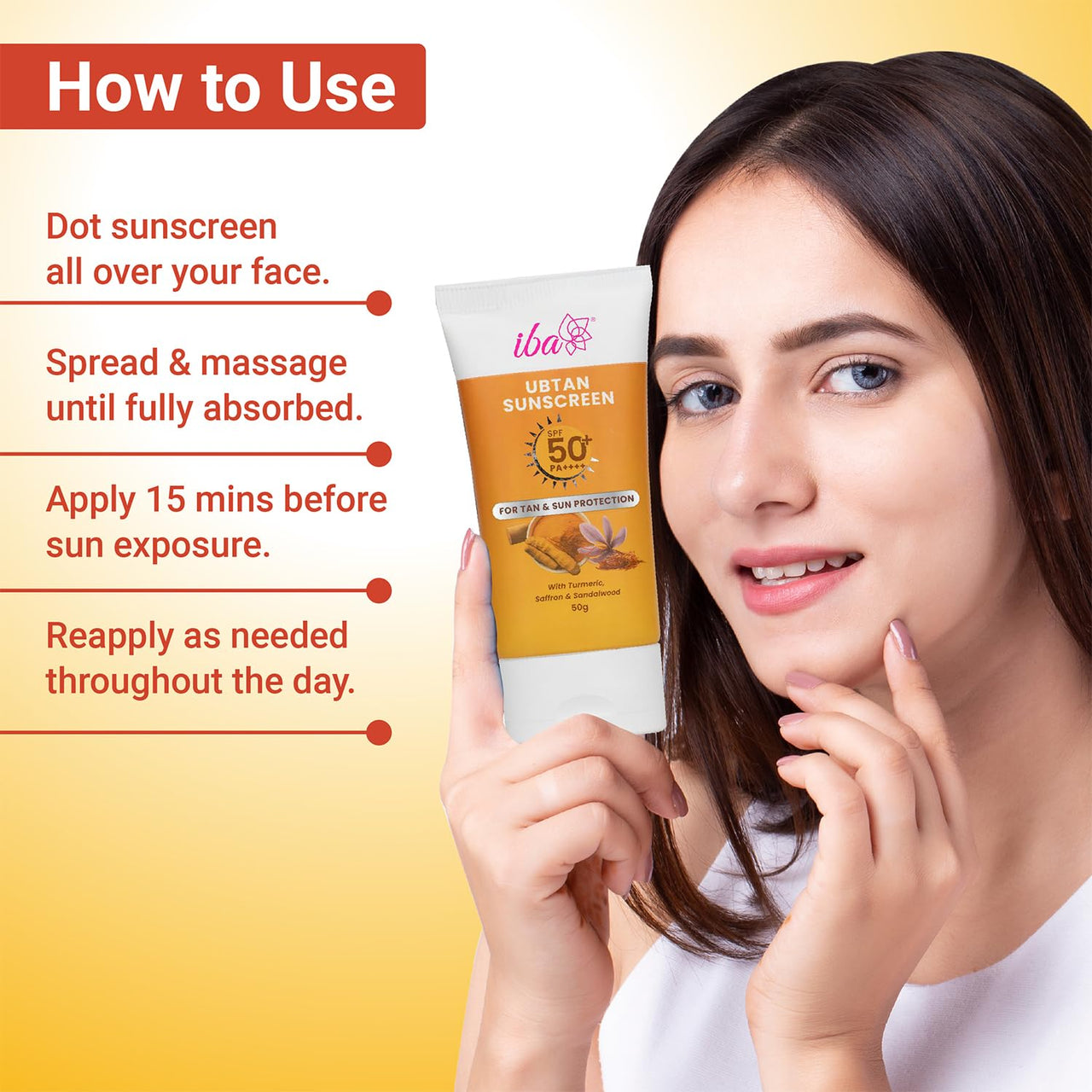 Iba Ubtan Sunscreen SPF 50 PA++++ with Turmeric, Saffron, Sandalwood – 50g | For UVA & UVB Protection | For All Skin Types
