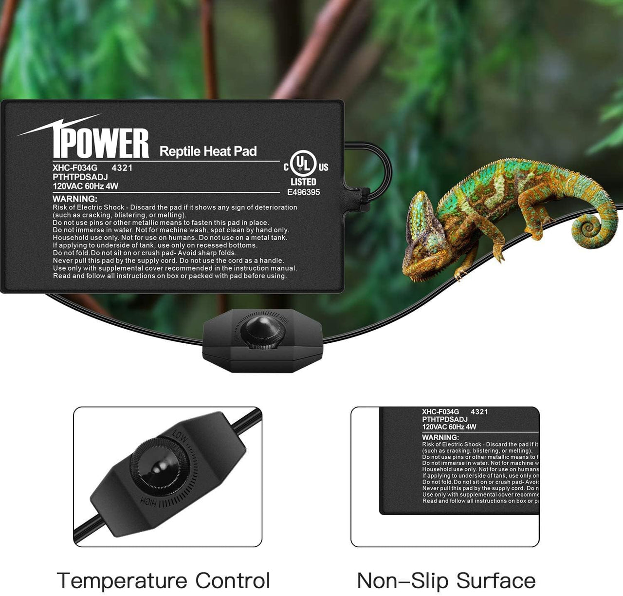 iPower 4 by 7-Inch 4 Watts Reptile Heating Mat with Temperature Controller Under Tank Warmer Terrarium Heat Pad for Reptiles and Amphibians, Black 4" x 7" Black/Heat Pad With Adjust Knob